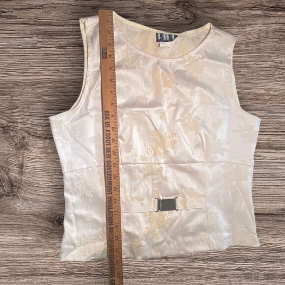 Vintage Ivory Floral Satin Sleeveless Top Belted Accent Side Zip Closure - Picture 6 of 8
